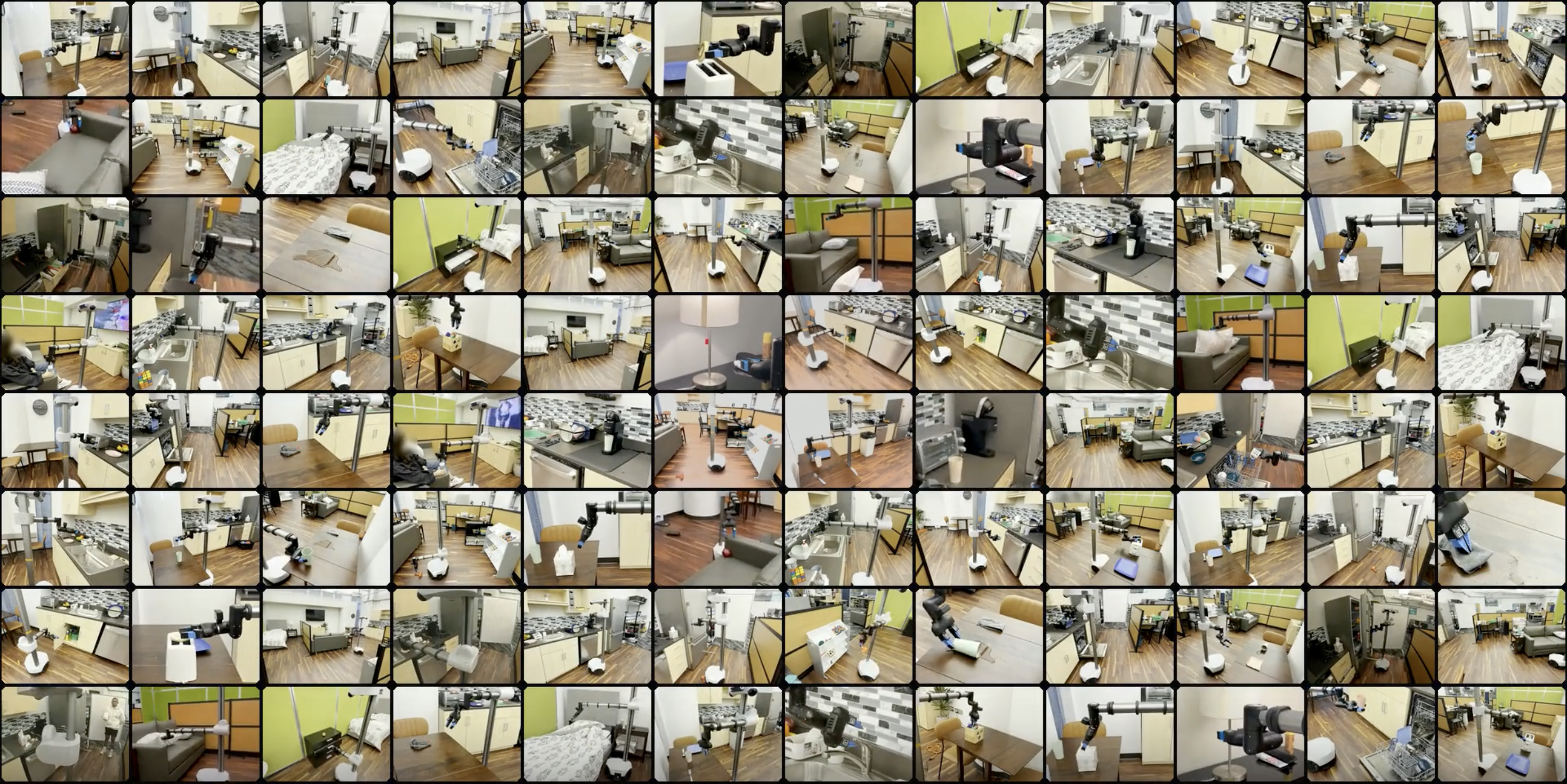A collage of a mobile robot performing household manipulation tasks